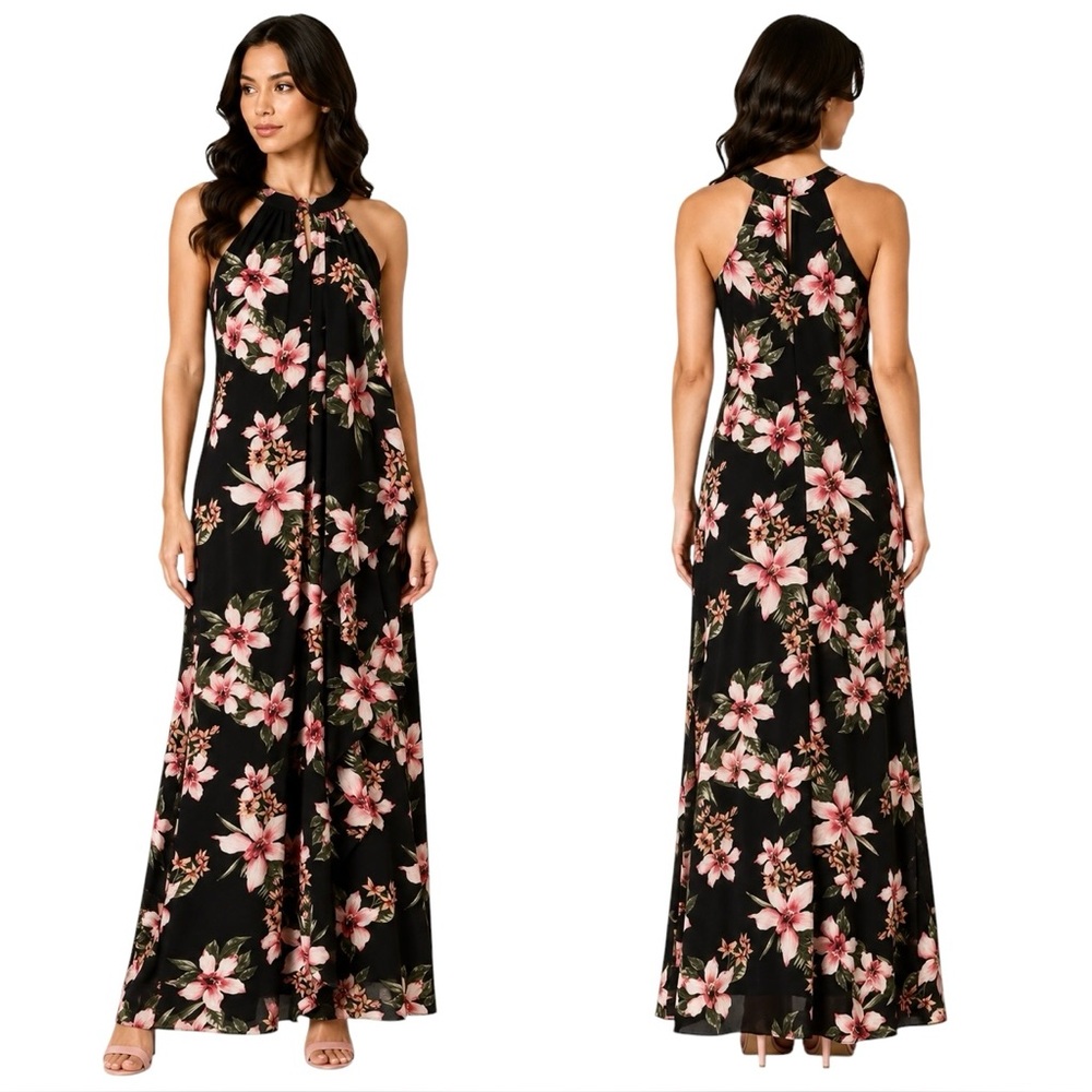 Meghan LA Black Floral Maxi Dress Medium Halter Neck Sleeveless Lined